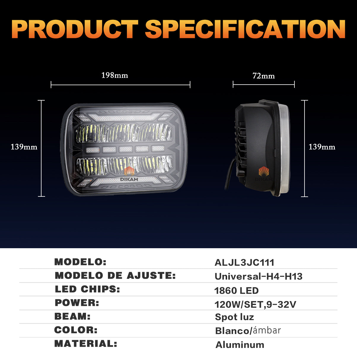 Faro Led Cuadrado 5x7 Pulgadas Hi/lo Haz Drl Auto Jeep/moto - 1/Pzs