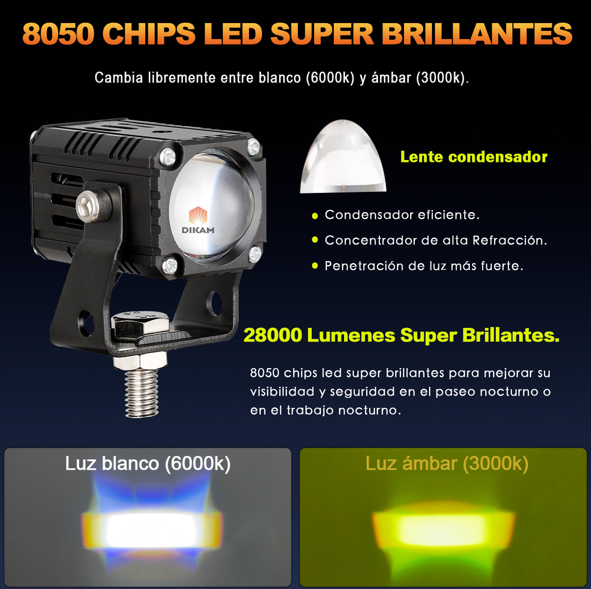 Par de Faros Proyectores LED Auxiliares Alta/Baja para Moto